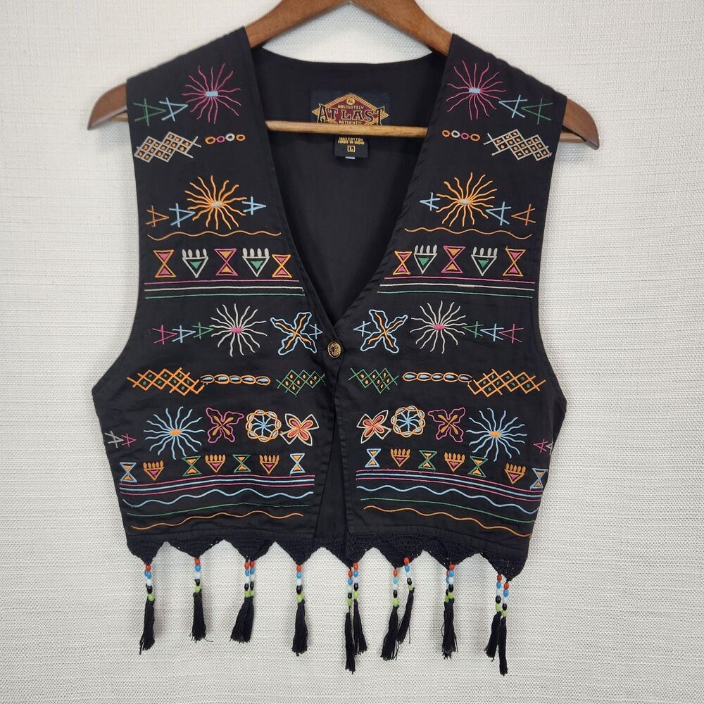 Vintage At Last Vest Large 90s Boho Beaded Tassels Embroidered Artsy Colorful